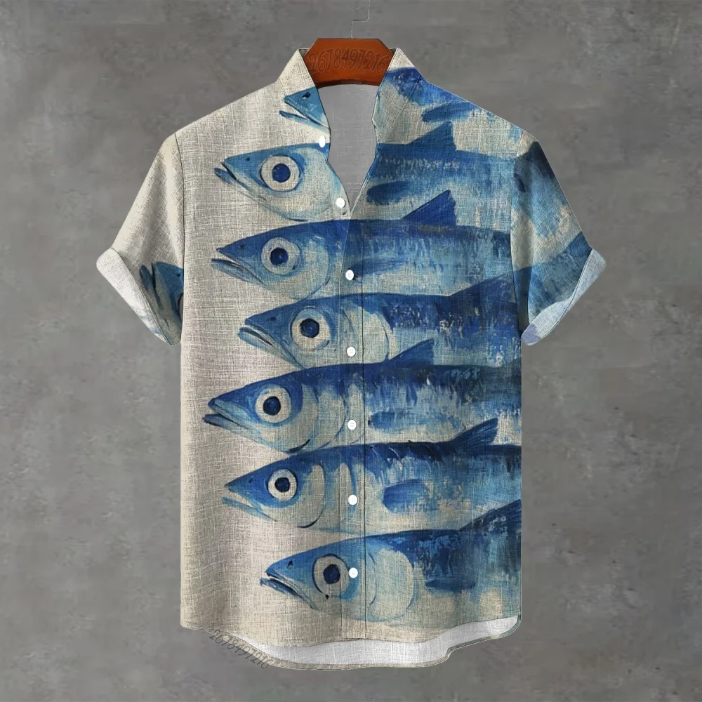 Men's Loose-Fit Short-Sleeve Mandarin Collar Shirt  Artistic Style, Blue Fish Print, Casual and Versatile for Outings.