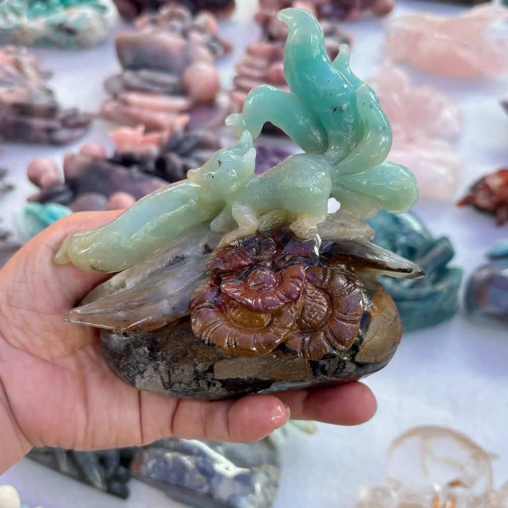Natural Amazonite Quartz Nine Tailed Fox Hand Carved Crystal Statue Floral Base Reiki Healing Stone Home Altar Decor Gift