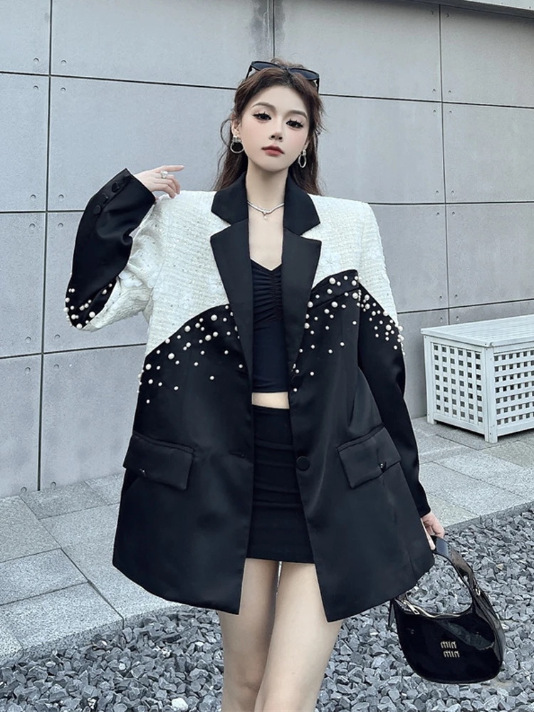 تصميم جديد سترة مطرزة باللؤلؤ للنساء سترة تويد مرقعة بألوان متباينة 2026 ملابس خارجية فاخرة للربيع والخريف INKEO 5O120 #5