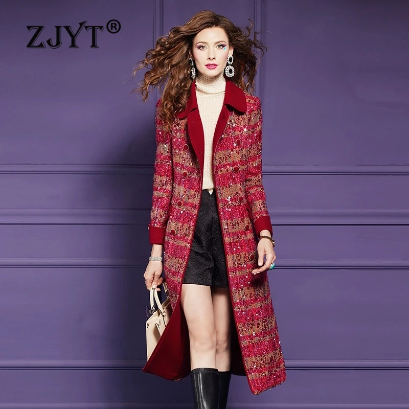 ZJYT Elegant Sequined Long Tweed Woolen Jackets Women Autumn Winter Wool Blends Coats 2024 Plus Size Overcoat Female Outerwears