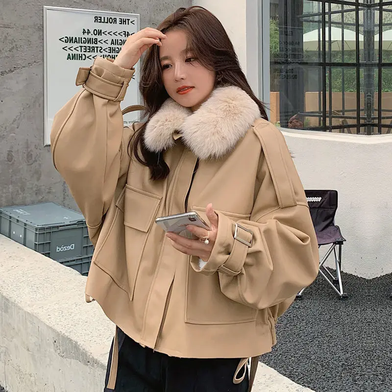 2025 Winter New Fashion Women's Faux Fur Collar Long Sleeve Solid Color Elegant Casual Trendy Loose Faux Leather Jackets Coats