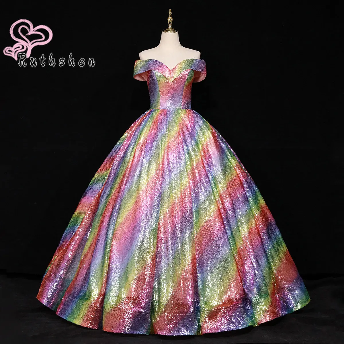 Rainbow Sequin Ball Gown 2023 Luxury Evening Dresses for Women Off The Shoulder Long Formal Occasion Prom Party Dress