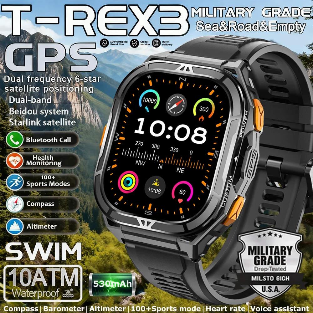 

2025 New GPS Track Smart Watch Men 10ATM Waterproof 1.96"AMOLED Display Compass Heart Rate 530mAh Battery BT Call Smartwatch