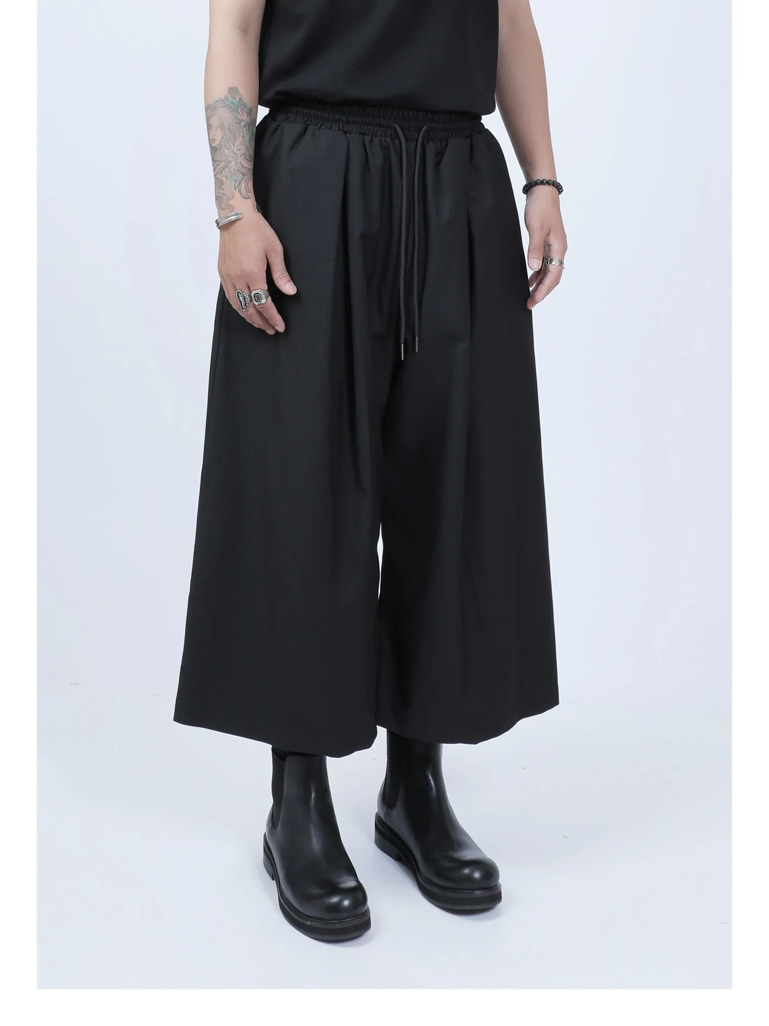 Mens Japanese Dark Gothic Plain Cropped Pants Streetwear Fashion Youth Outdoor Trendy Wide Leg Drape City Boy Casual Trousers