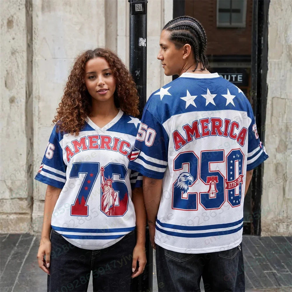 Maillot de football en maille Y2K tendance pour couple, édition 250e anniversaire des États-Unis, style streetwear, t-shirt d'été pour homme et femme