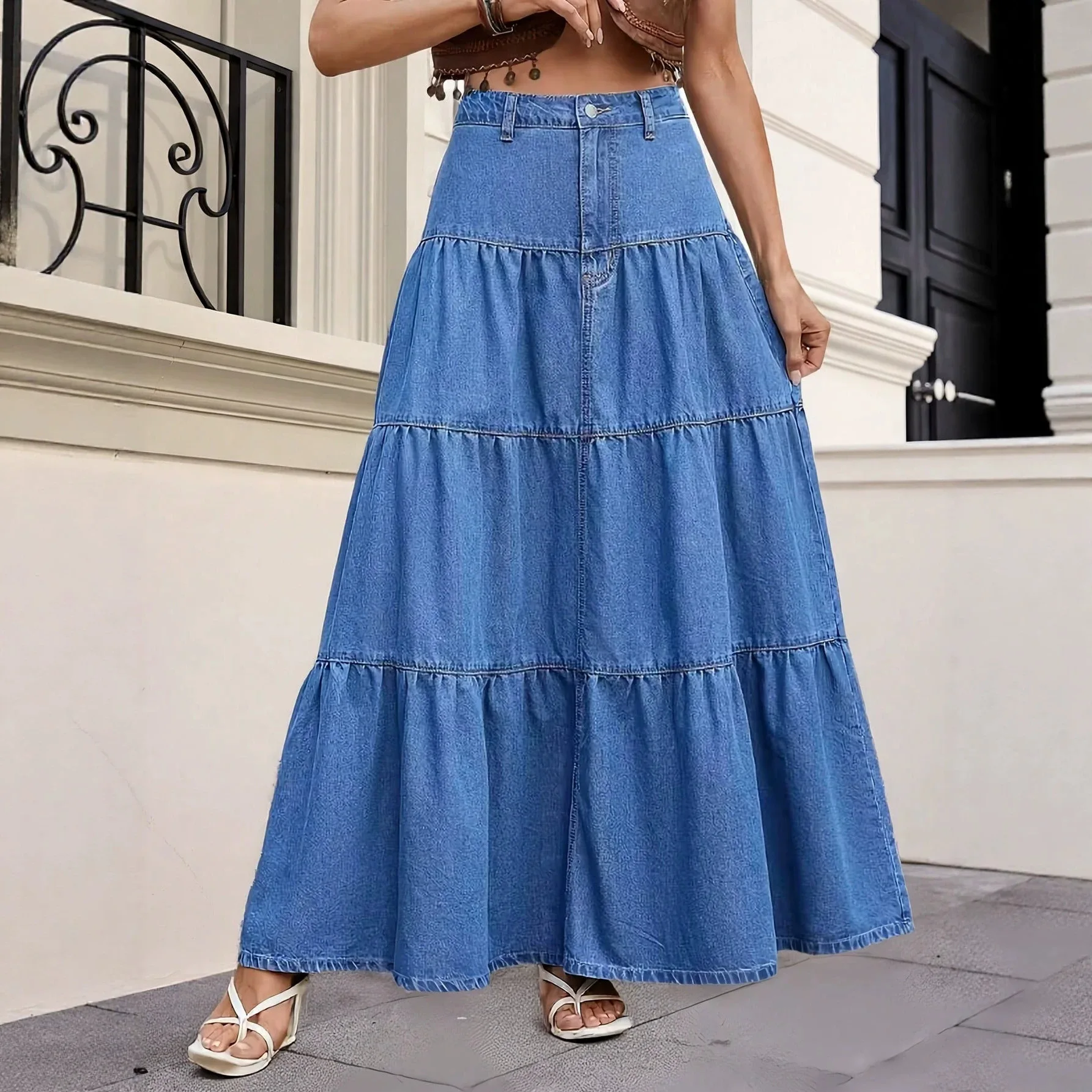 Faldas Maxi Estilo Boho de Algodón para Mujer, Faldas Vaqueras de Cintura Alta, Faldas de Vacaciones, Faldas en A con Capas, Ropa Urbana