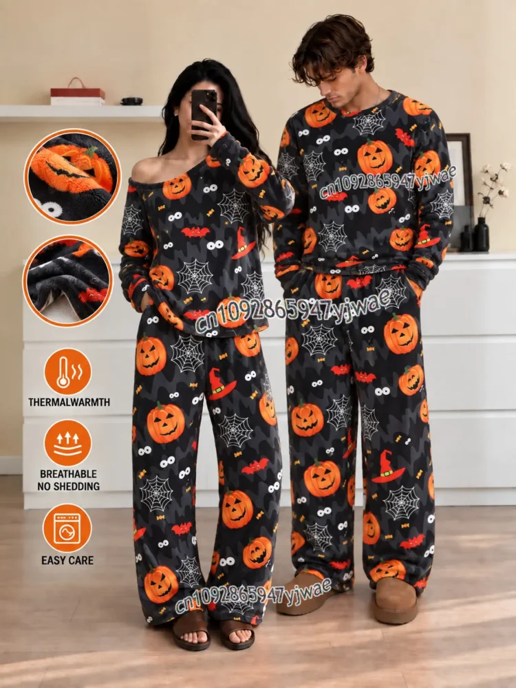 Autumn Winter Women Men's Halloween Spooky Ghost Pumpkin Pajama Set Flannel Pajama Pants Casual Home Women Sleepwear 2 Piece Set
