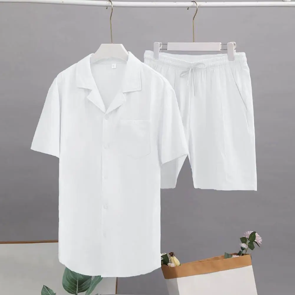 Chemise à revers monochromatique pour homme, tenue décontractée, short à la taille avec cordon de proximité, manches courtes, tenue à boutonnage simple