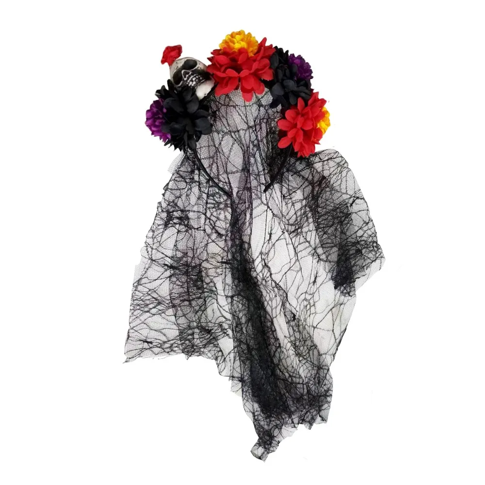 Artificial Flower Halloween Flower Headband Black Veil Lace Veil Halloween Skull Hair Hoop Floral Lightweight
