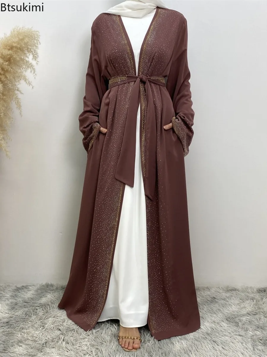 

Fashion New Muslim Open Abaya for Women Diamonds Lace-up Cardigan Long Dresses Arabic Turkish Kaftan Robe Elegant Femme Musulman