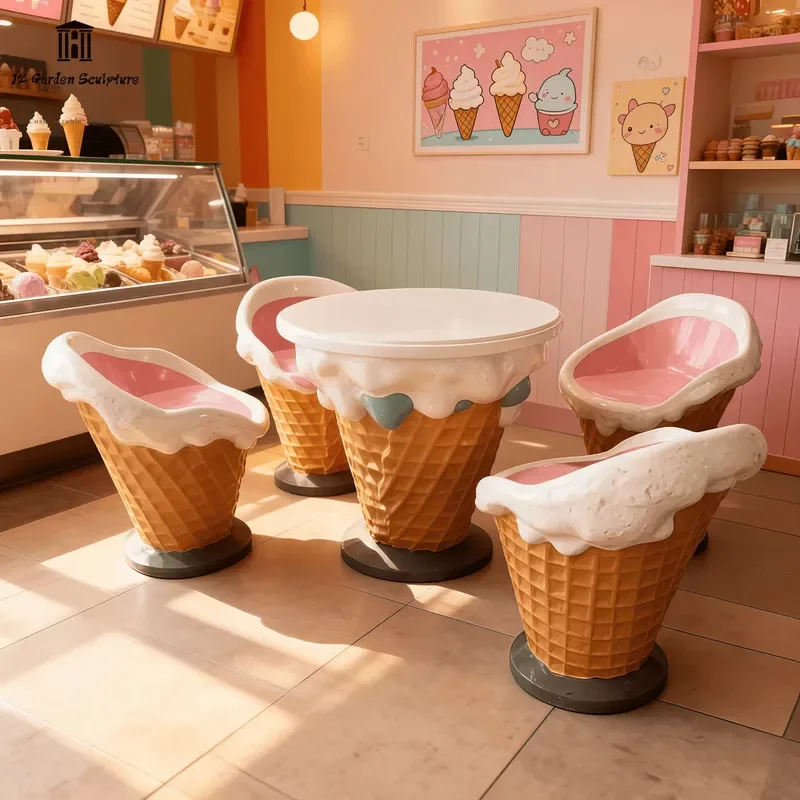 Creative Ice Cream Shaped Fiberglass Table and Chair Set Outdoor Furniture for Cafe Dessert Shop Theme Park Decoration Modern