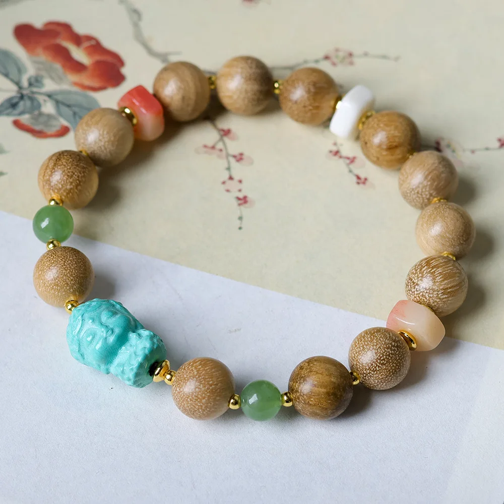 

Milk scented wood round bead bracelet original cultural toy turquoise green Tara Chinese Guanyin bracelet