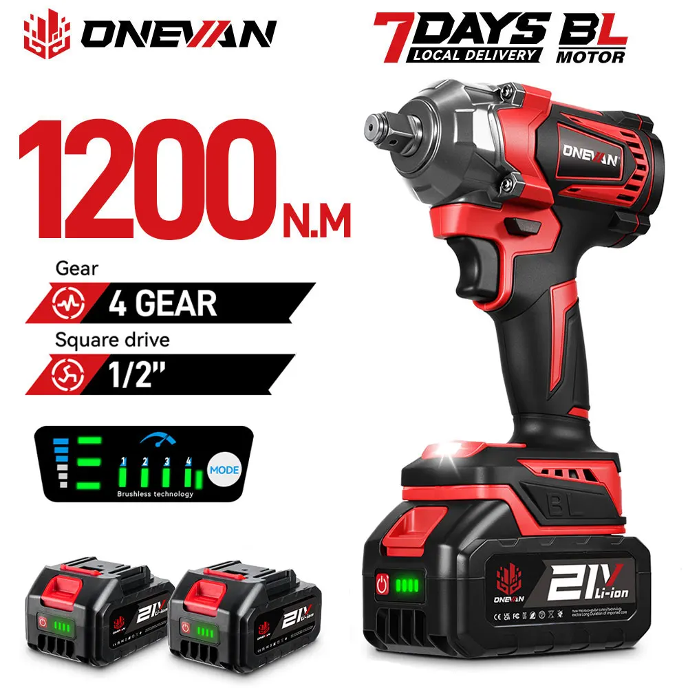 ONEVAN 1200N.M Brushless Electric Impact Wrench Cordless 4 Gears 1/2 Inch Screwdriver Drill Repair Tool For Makita Battery Pin