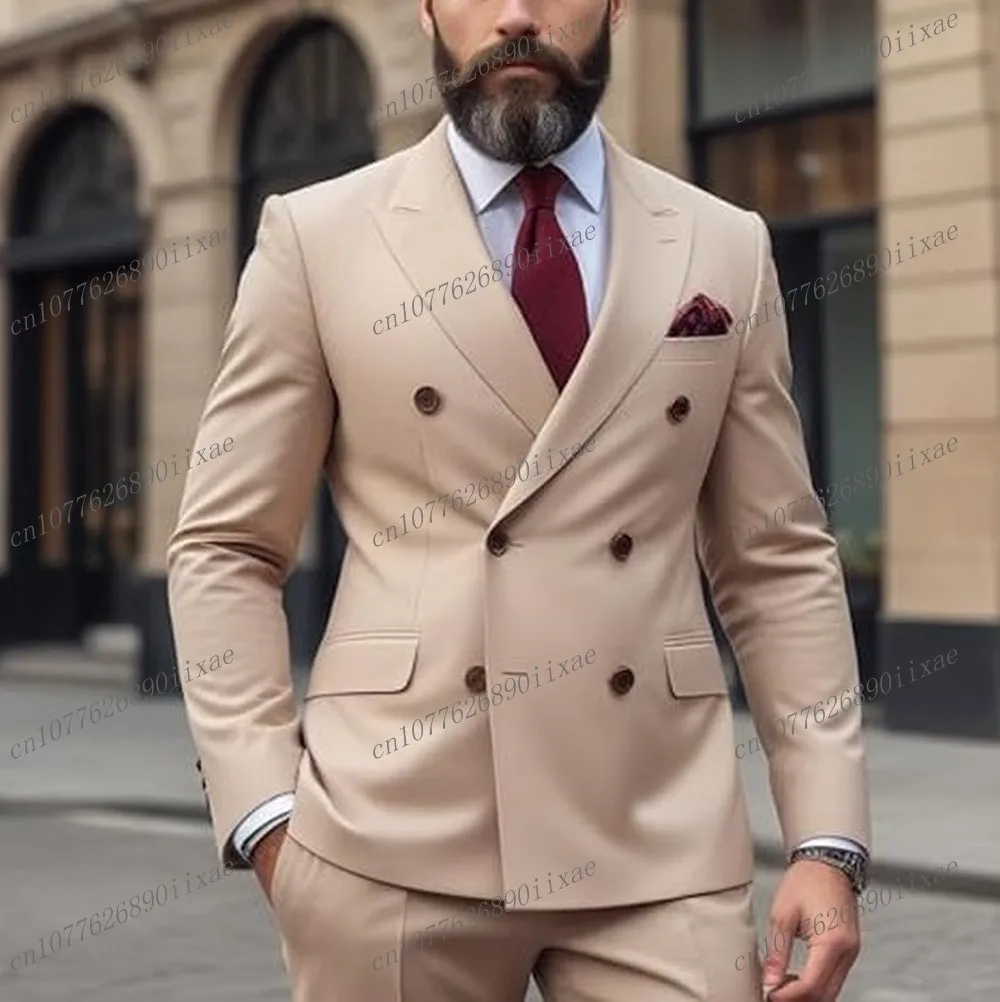 

New Formal Occasion Beige Men Suit Groomsman Groom Wedding Party Business Prom Male Tuxedos 2 Piece Set Blazer Pants
