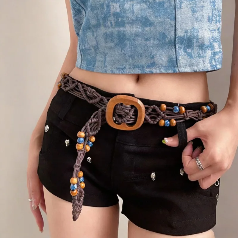 Trendy Bohemian Exquisite Braided Waist CordEthnic Style Wooden Bead Women's Belt Casual Square Wooden Buckle Waist Cord