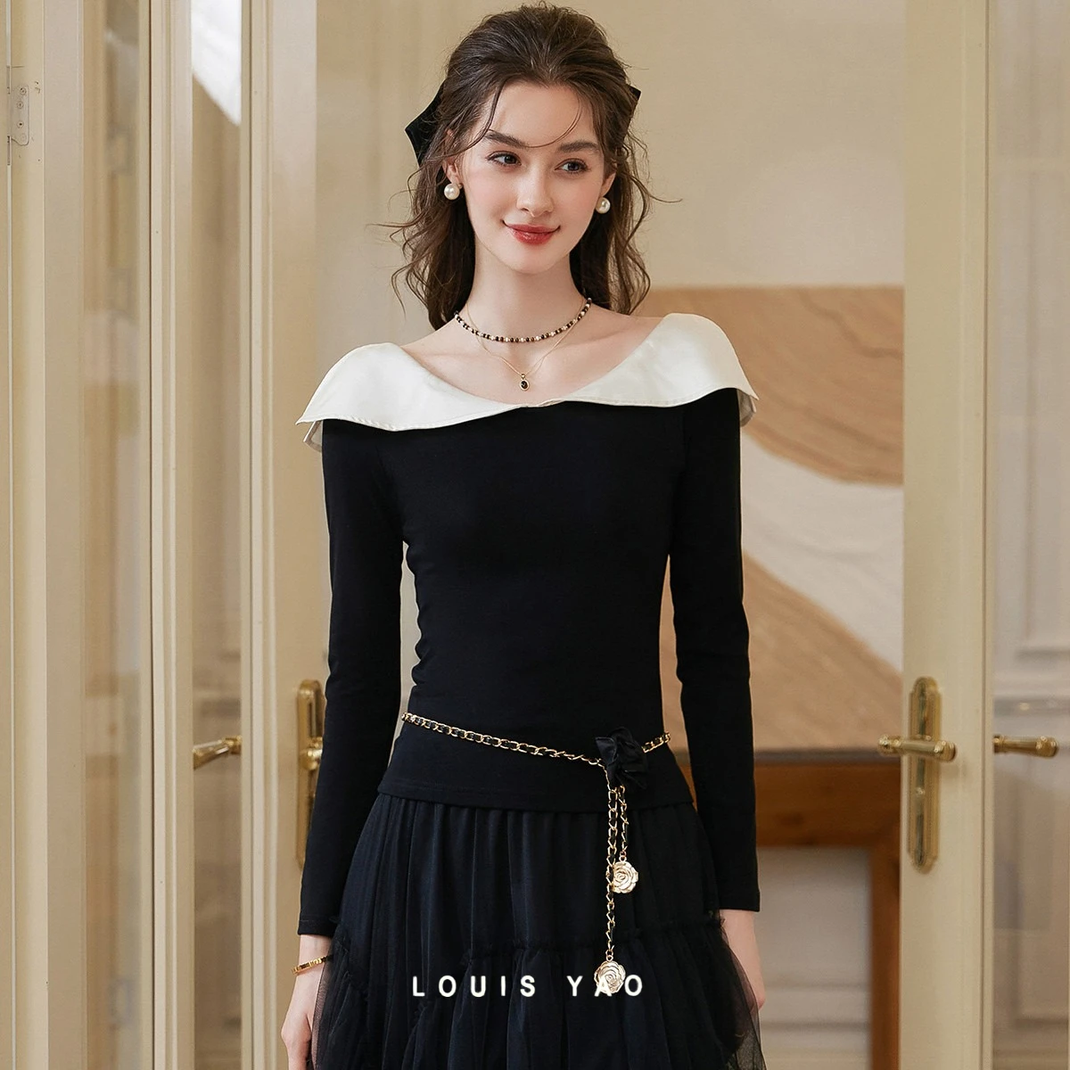 

Женская футболка LOUIS YAO с цветными блоками и пэчворком, весна 2026, слегка эластичная, приталенная, с длинным рукавом