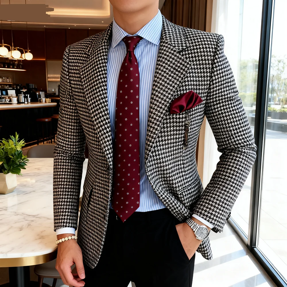 

Мужской клетчатый пиджак с узором «гусиные лапки», деловой пиджак с лацканами, модное пальто для свадебной вечеринки, размер X