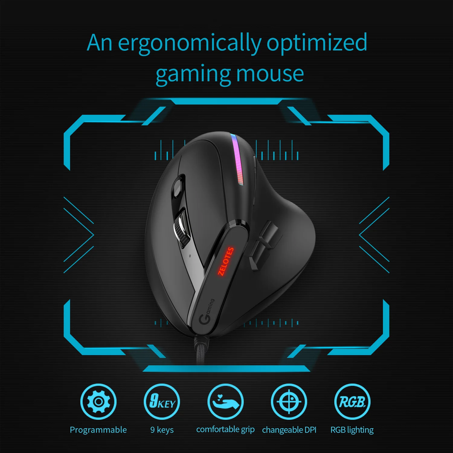 Jomaa Wired Gaming Mouse RGB Vertical Ergonomic Mice 9 Button Programmable 12800 DPI Mouse for Gamer Computer Laptop