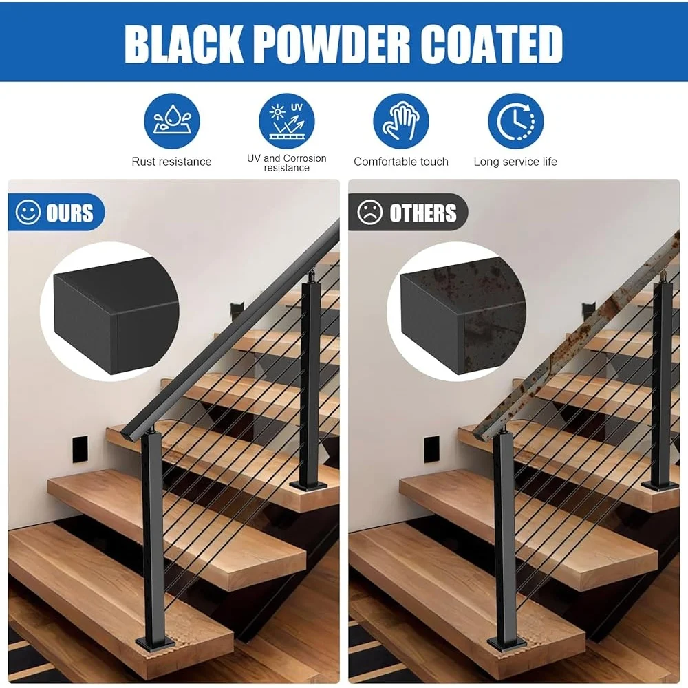 4Pack Stainless Steel Cable Railing Handrails Cuttable Rectangular Handrail Flat Top Rail with Nylon End Caps Durable Support