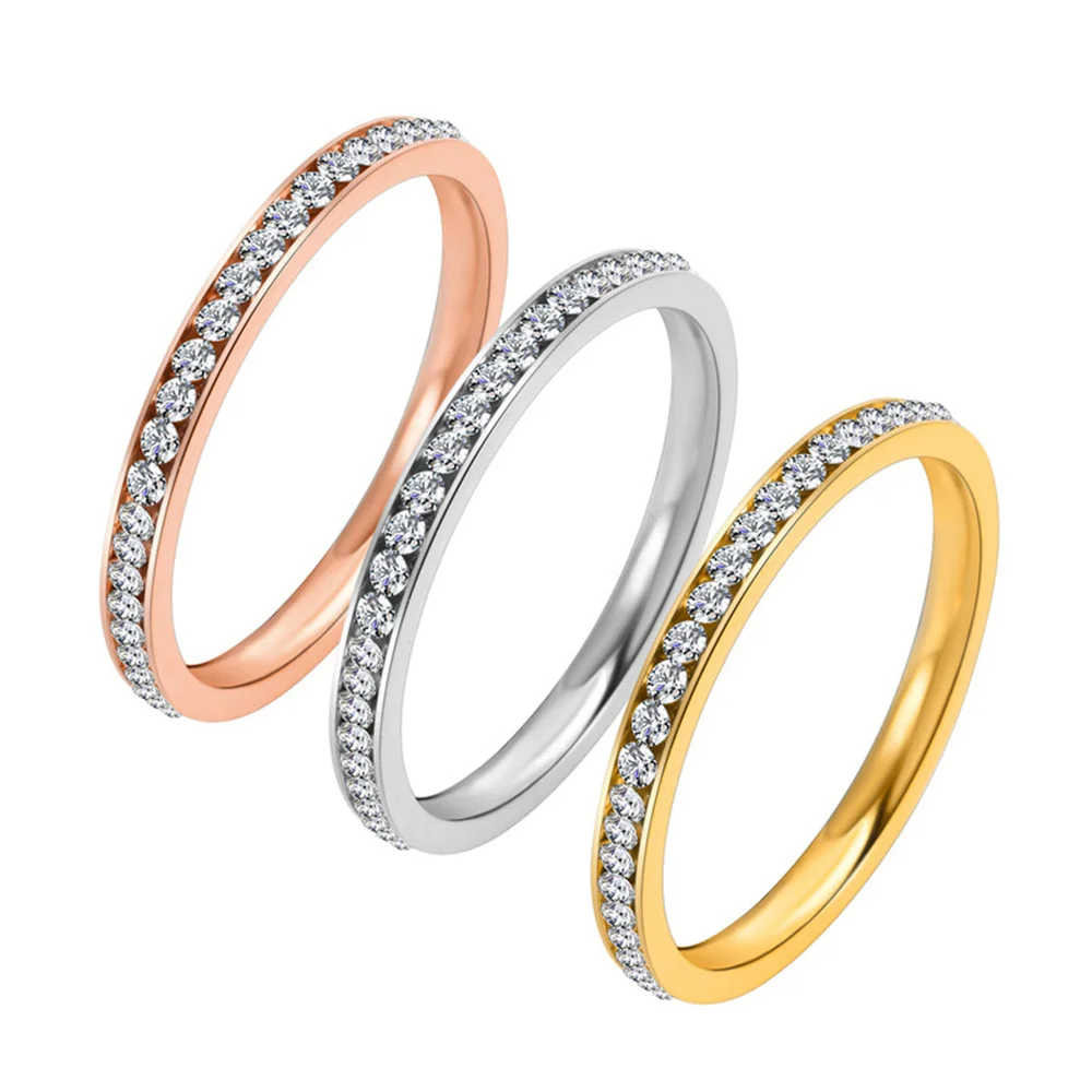 2022 Iced Out Cubic Zirconia Ring Womens Gold/Silver Color Stainless Steel Wedding Band Rings for Women Fashion Jewelry Gifts