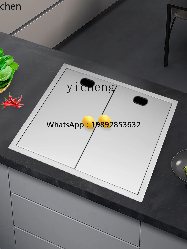 YFY Hidden Sink Stainless Steel Sink with Cover Plate Kitchen Water Bar Invisible Sink Middle Island Table Small Single Slot