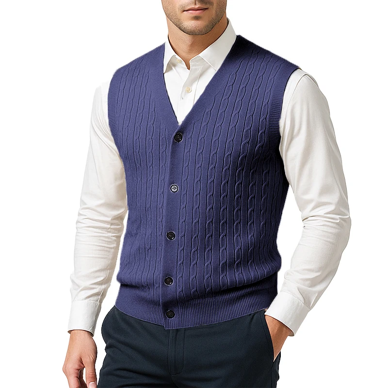 Autumn Men's V Neck Knit Sweater Vest Button Down Sleeveless Cable Cardigan Vest Outdoor Business Lightweight Cardigan Coats