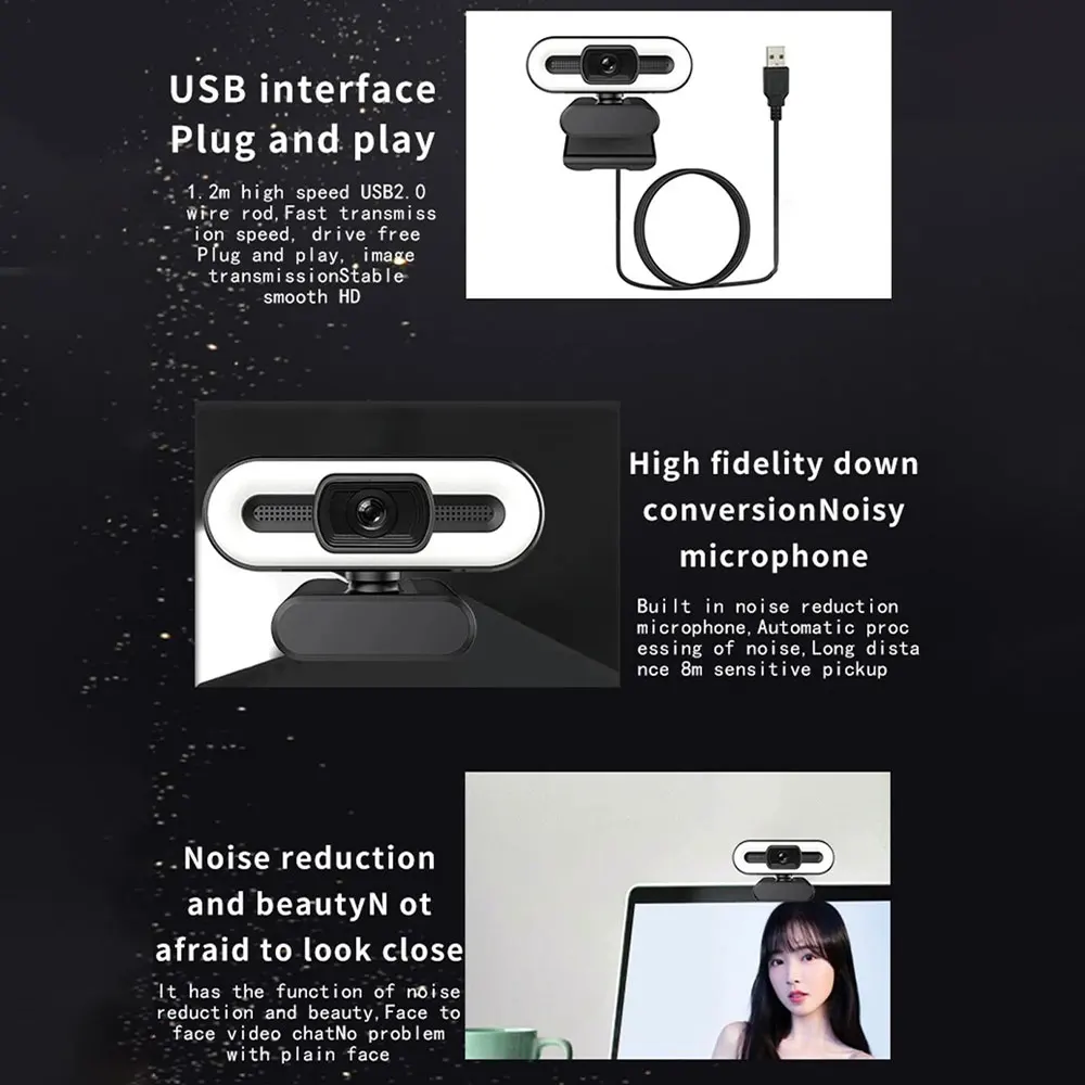 كاميرا ويب سوداء محمولة عالية الدقة 2K لأجهزة الكمبيوتر المكتبية وأجهزة الكمبيوتر المحمولة، تتميز بغطاء خصوصية للبث في الوقت الحقيقي والميكروفون