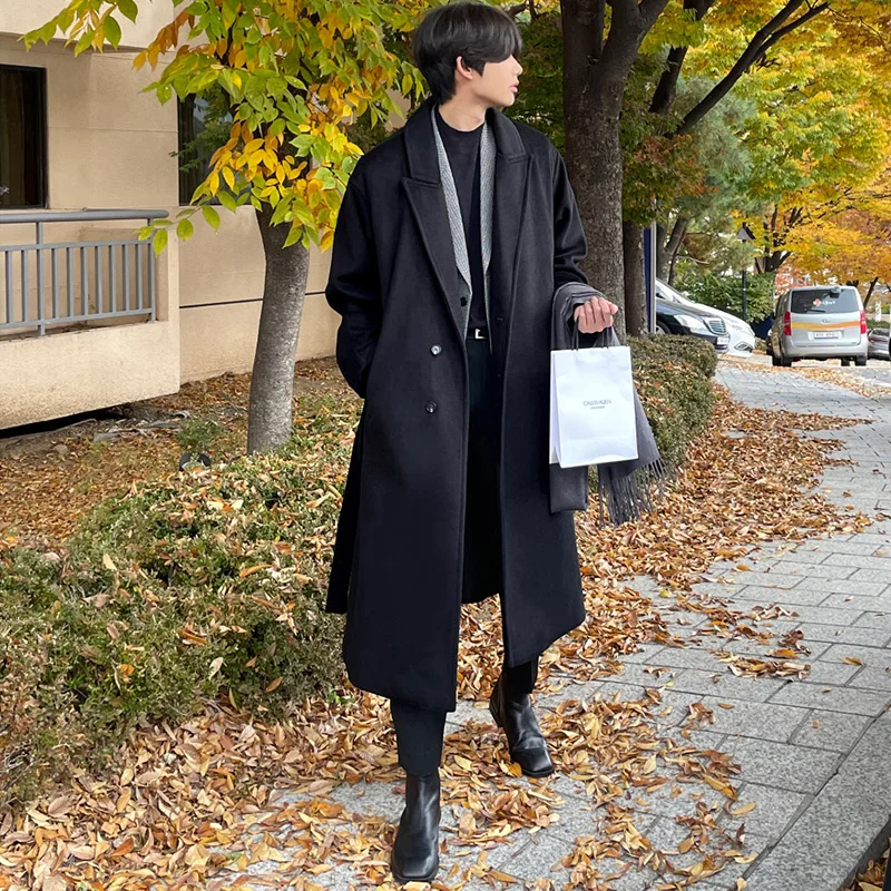 

High-End Men's Woolen Coat Mid-Length Thiened Autumn Winter Briti Sle Bla Windbreaker Youthful Vitali Korean Sle