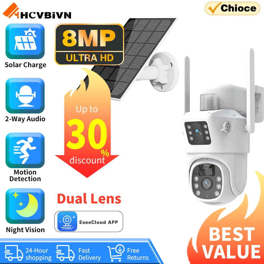 

4K 8MP WiFi Solar Camera Dual Lens Dual Screen Battery CCTV Motion Detection Human Auto Tracking Surveillance Cameras