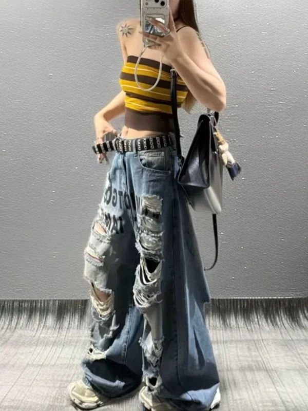 

Summer 2026 Women's Casual High Waist Denim Jeans Washed out Letter Print Loose Fit Long Pants Vintage American Style