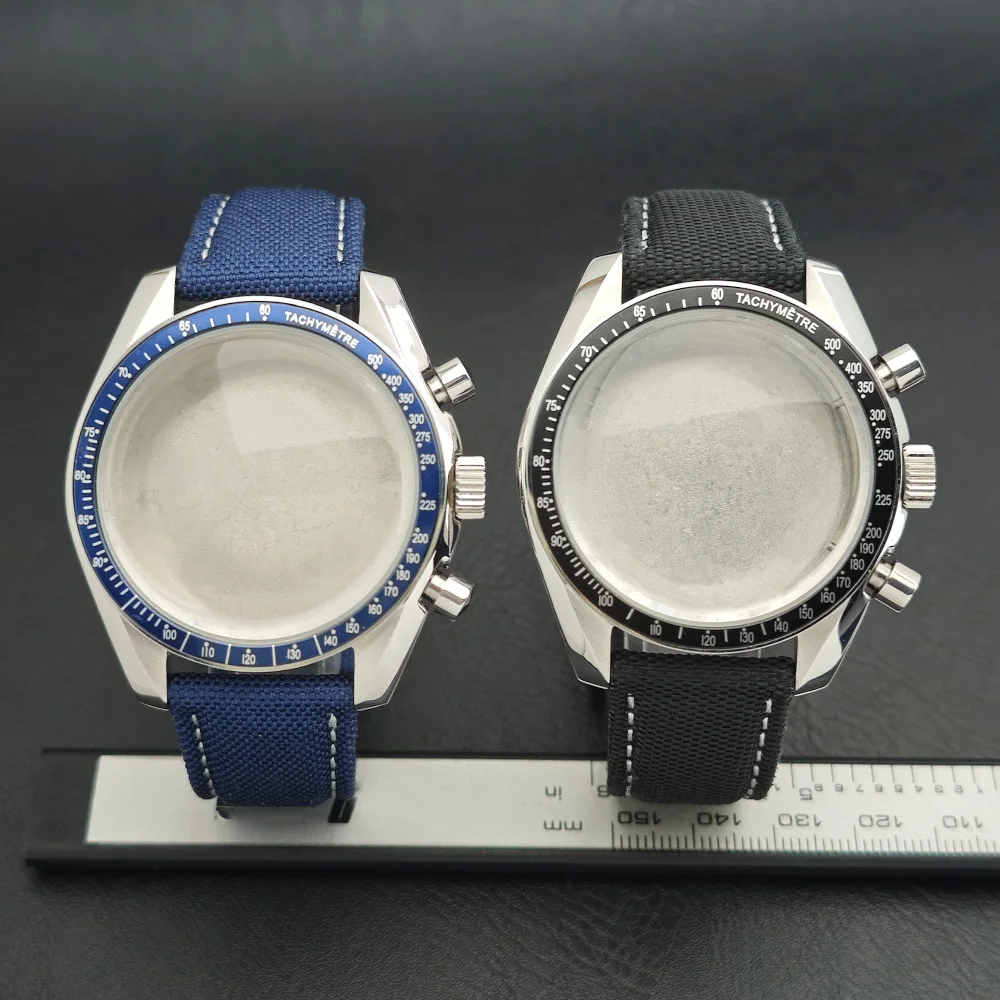 High Quality VK63 Silvery/Black Watch Case 39.7mm Fits VK63 Quartz Movement Steel Watch Box Watch Sealed Back Moon Watch