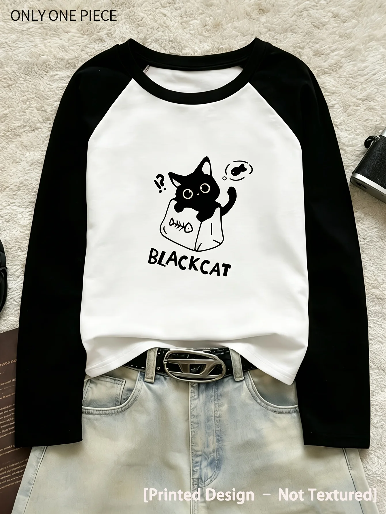 Y2K Ladies Raglan Long Sleeve T-Shirt BLACKCAT Misses The Cat Pattern of Small Fish Print T Shirt Casual Vintage Clothes Female
