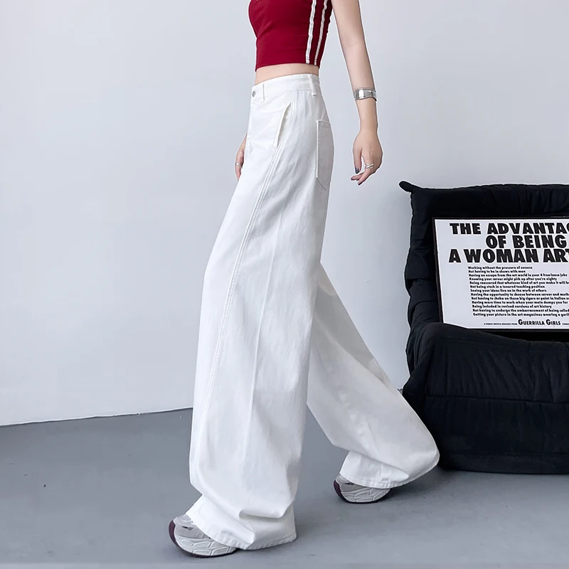KSTUN 여성용 흰색 청바지 넓은 다리 헐렁한 바지 루즈 피트 2025 봄 새로운 드래그 바지 여성 의류 캐주얼 롱 청바지 Gilrs
