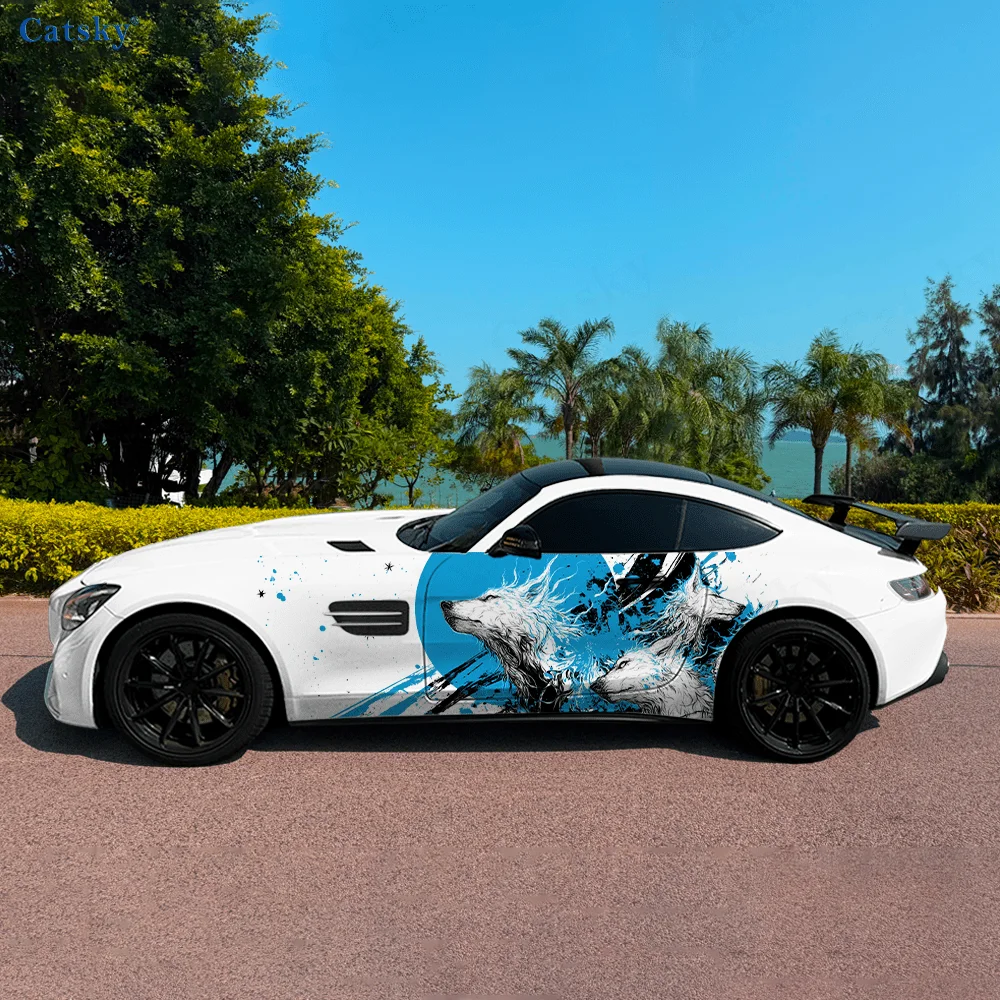 Dynamic Flame Splash Wolves Car Side Sticker Decor,PVC Waterproof Scratch Resistant Decal,Car Protection,Auto Accessories Gift