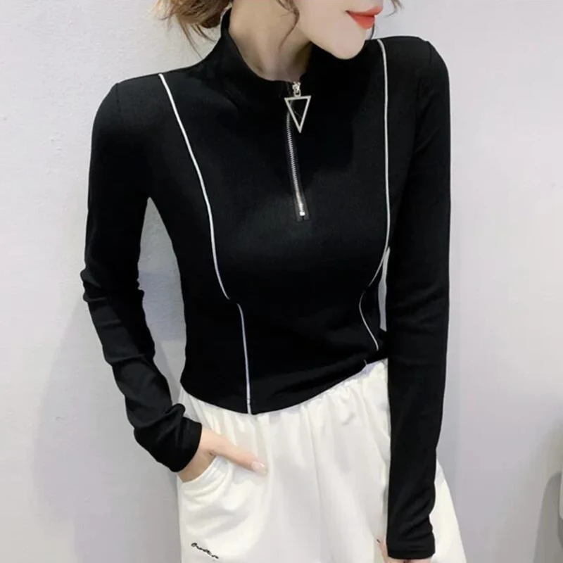 

Женская футболка с длинным рукавом и воротником-поло с контрастной строчкой, облегающий базовый слой, топ, повседневная внутренняя одежда на весну и осень