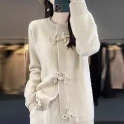 Women Cashmere Cardigan O-neck Chinese Style Bow Button Knitted Wool Thick Loose Sweater Autumn Winter Knitwear Jacket