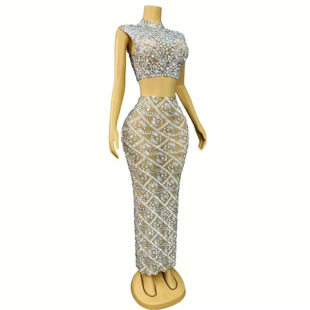 Women Hollow waist Split Set Sparkly Rhinestones Sexy Nude Mesh Outfit Birthday Wedding Celebrate Party Show Costume Stage Wear