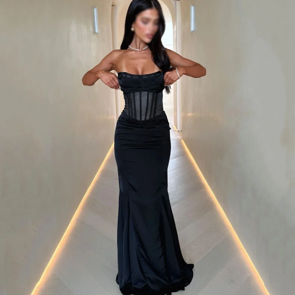 

Black Elegant Birthday Evening Dresses Formal Party Prom Gowns Strapless Floor-Length Trumpet Evening Prom Dresses Customized
