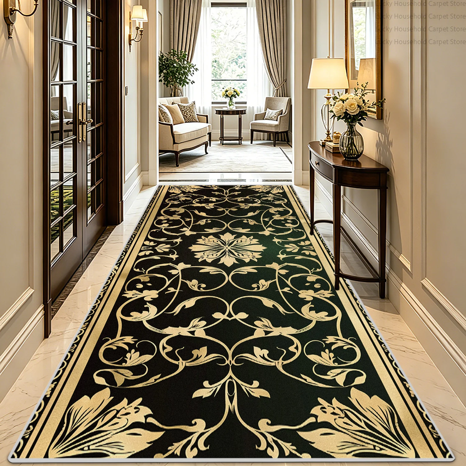 

Retro Classical Gold Floral Dark Toned Carpets Long Hallway Decorative Rugs Runner Soft Non-slip Lint-free Kitchen Floor Mats