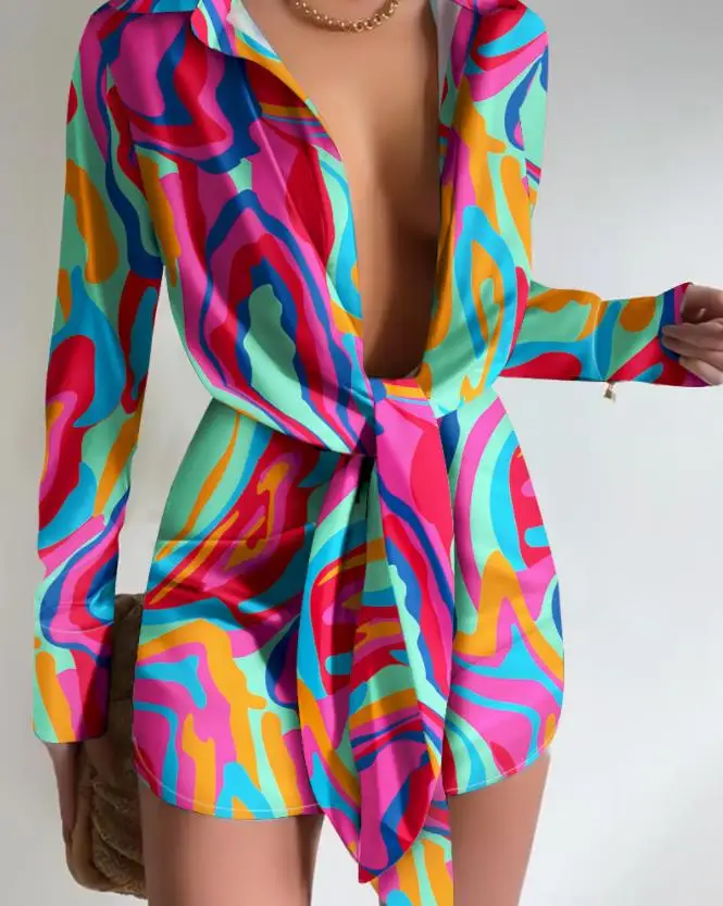 

Abstract Print Tied Detail Long Sleeve Shirt Dress