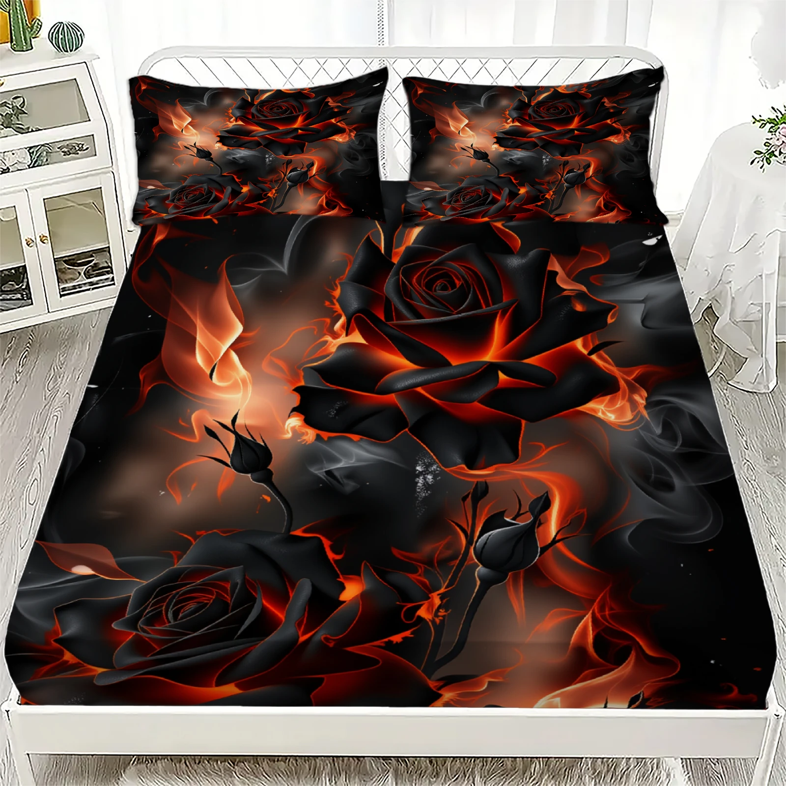 3pcs Fitted Sheet Set Black Rose Fire 3D Printed Floral Pattern Breathable Durable Bed Sheet With Pillowcases For Bedroom Decor