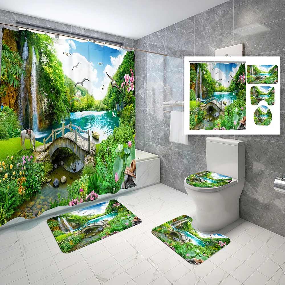 

Waterfall Forest Scenery Shower Curtain Set Non-Slip Rug Toilet Cover Bath Mat Bamboo Mountain Plants Floral Bathroom Curtains