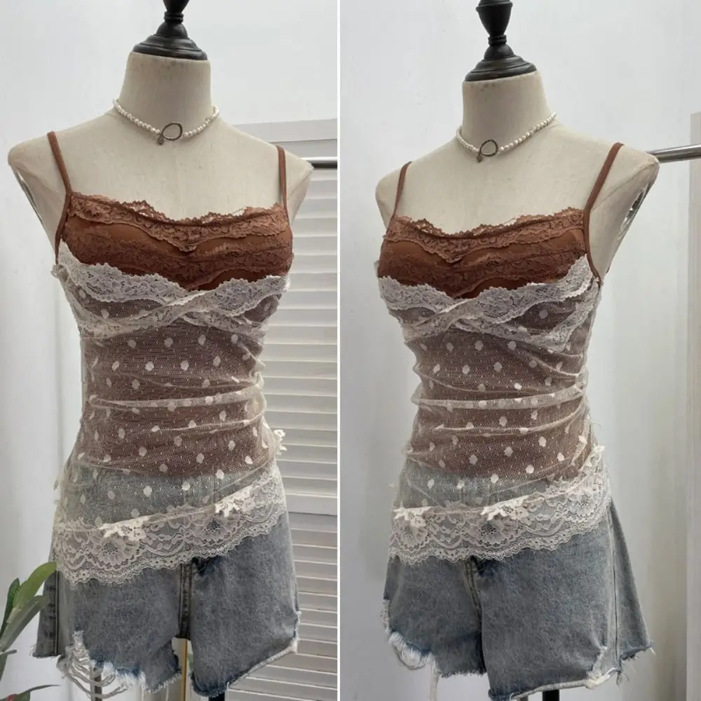 Lace Dots Fake Two Pieces Camisole Tank Top Wrapped Chest Bra Lace Slim Crop Top Streetwear Slim Fit Bra with Pads Cami Female