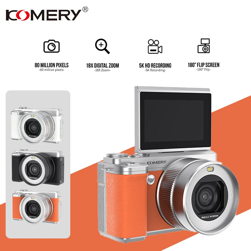 

Цифровая камера Komery, 3-дюймовый экран, сверхвысокое разрешение 5K, 18-кратный цифровой зум, двойная камера, 180°. ° вращающийся экран, Wi-Fi.