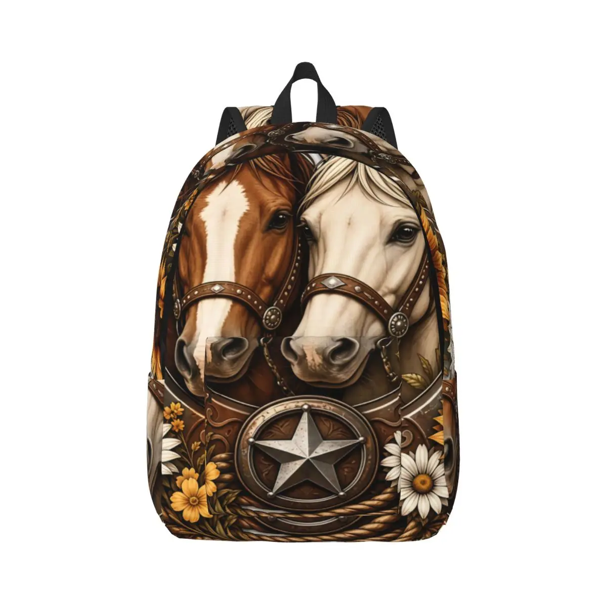 Botanical Aesthetic Backpack Center Horses Horseshoe Sunflower Star Vintage Western Illustration Brow Casual Daypack for School