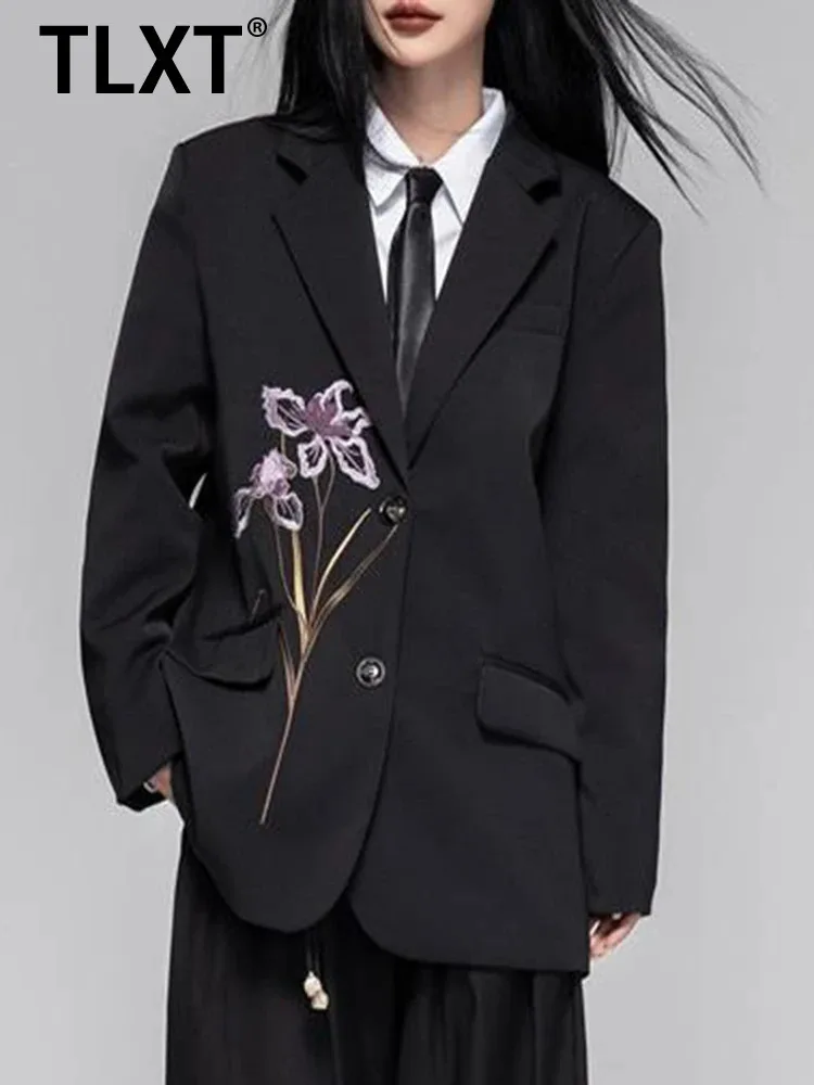 

TLXT черный элегантный блейзер с цветочной вышивкой для женщин, свободная куртка с длинными рукавами и лацканами, модная весна-осень 2024, XK1315