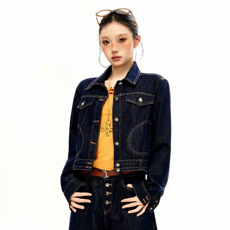 Dark Blue Denim Cropped Jacket for Women Gold Contrast Stitching Detail Loose Fit Long Sleeve Premium Self-cultivation Tops