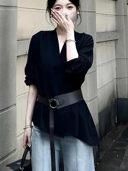 

Ele plus Size V-Ne Long Sve irt Women's Faion Bla Slimming Top Cover up Autumn 2025 New Sle Casual Wear