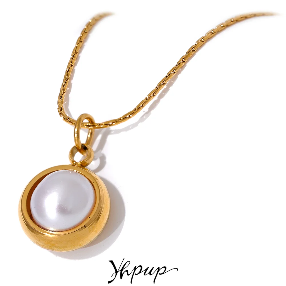 Yhpup 316L acier inoxydable Imitation perles rond Chic pendentif collier pour les femmes élégant délicat élégant bijoux cadeau