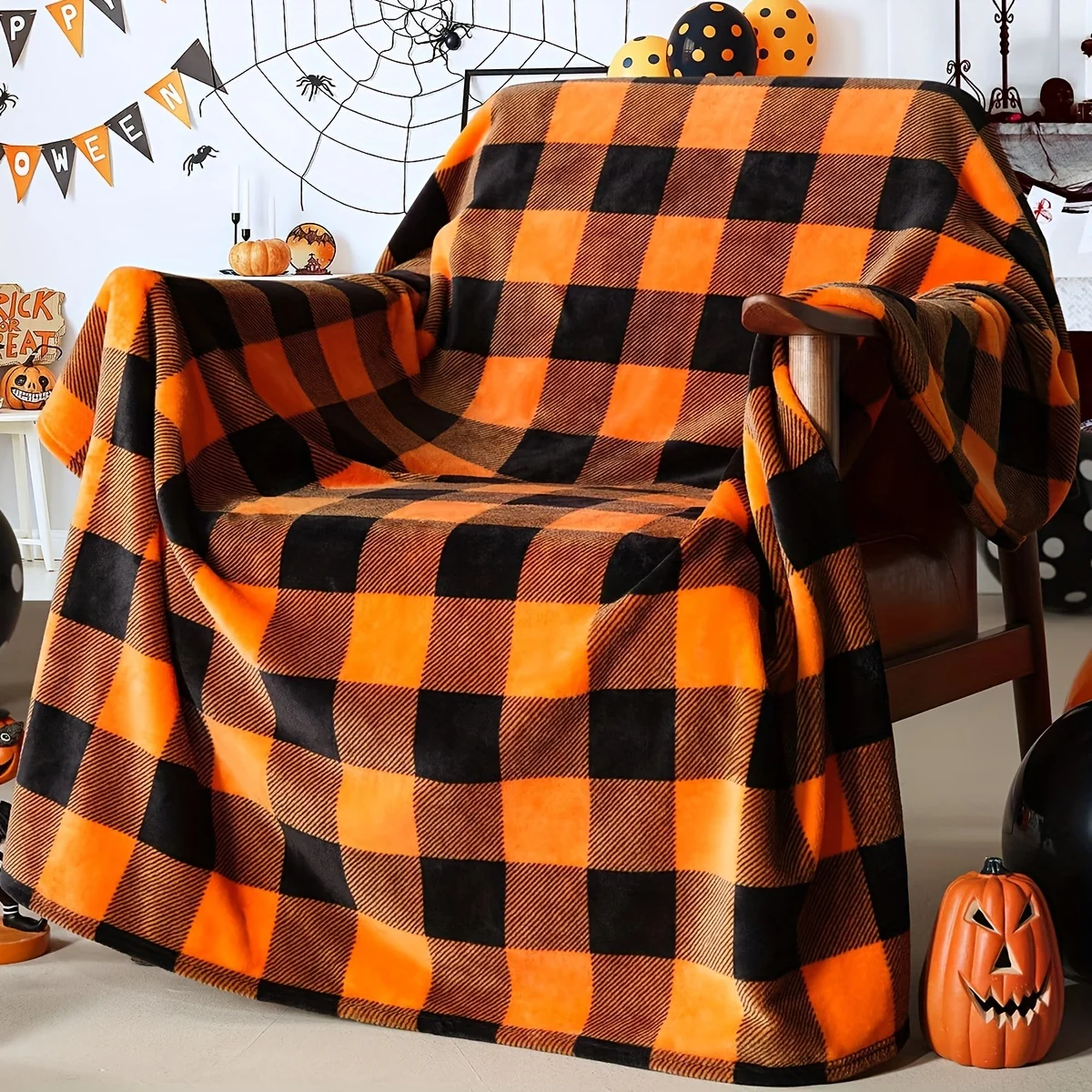 Halloween-Decke, orange, schwarz, kariert, weich, gemütlich, Plüsch, festliches Design, Heimdekoration, Sofa, Couch, Wohnzimmer, Urlaub, Party, Geschenk